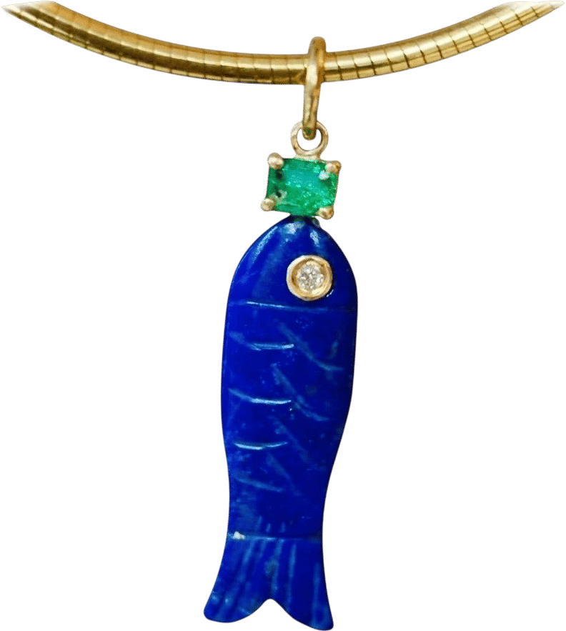 14k Gold Lapis Fish Pendant with Emerald and Diamond