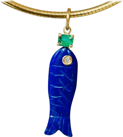 14k Gold Lapis Fish Pendant with Emerald and Diamond