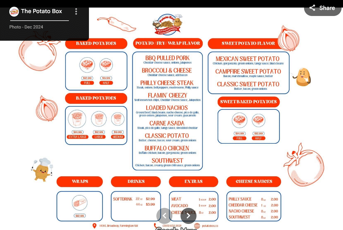 Look at The Potato Box's menu