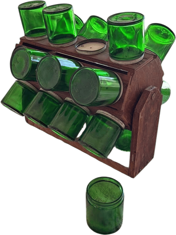 Antique Green Glass & Wood Storage Rack