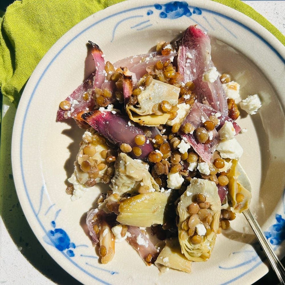 Oven-Braised Lentils, Red Onions, and Artichokes with Feta