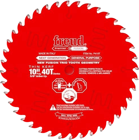 Freud Thin Kerf Next Generation Premier Fusion General Purpose Blade - Fusion Trio Tooth Design for Ultra-Smooth Crosscuts and Rips - 10" Diameter, Anti-Vibration Slots - P410T