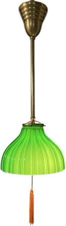 Antique Victorian Art Deco Green Ribbed Glass Pendant Light (1920s)