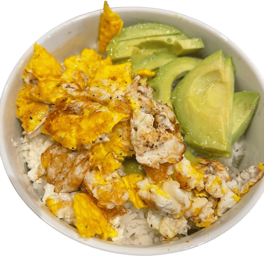scrambled eggs w/ greens + avocado (and rice) as a rice bowl