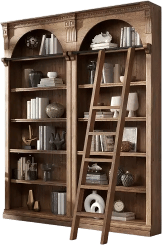 Burke Brown 94" Set of 2 Traditional Arched Bookcases With Wooden Ladder | Library Wall