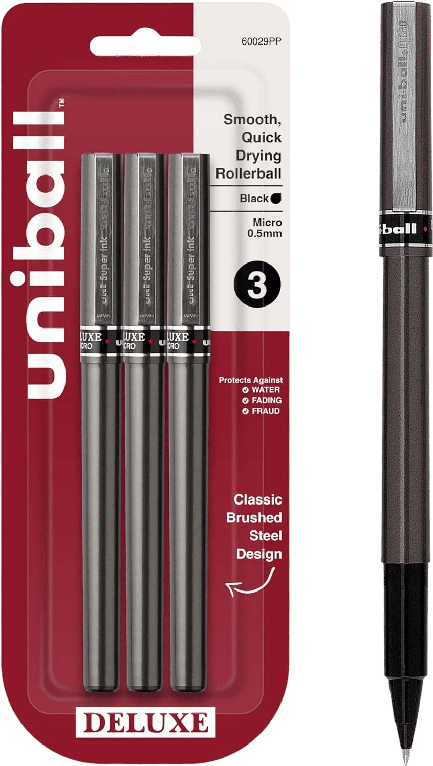 Uniball Deluxe, Black Rollerball Pens - 0.5mm Micro Point, Pack of 3