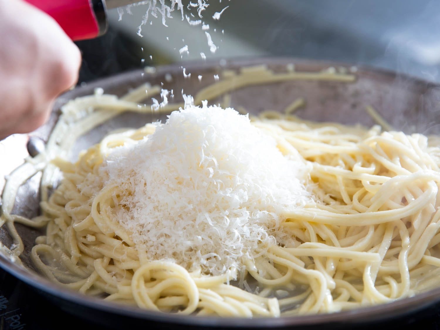 Parmesan cheese block and a grater