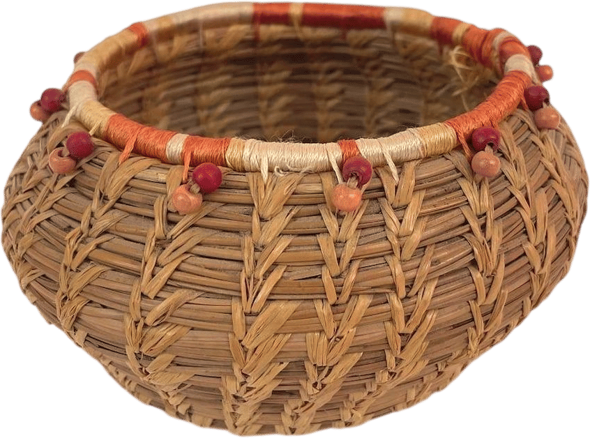 Vintage Woven Pine Needle Basket with Beaded Rim