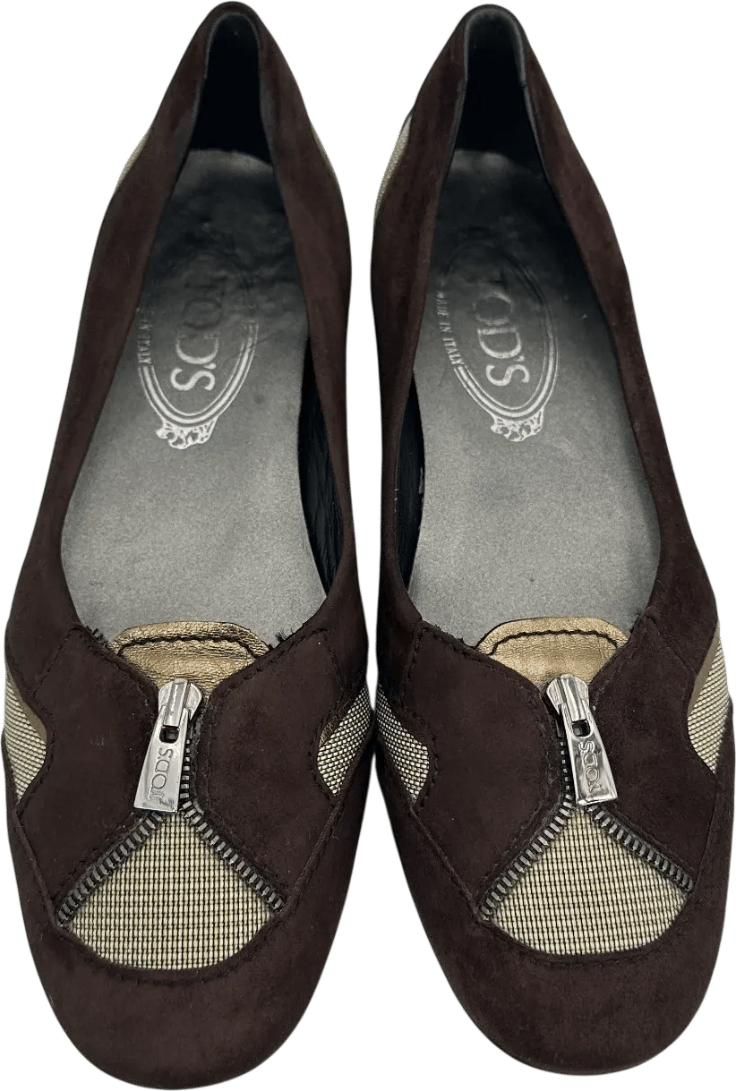 Tod's Women Brown Suede Zip Ballet Flats (EU 37 / US 7)
