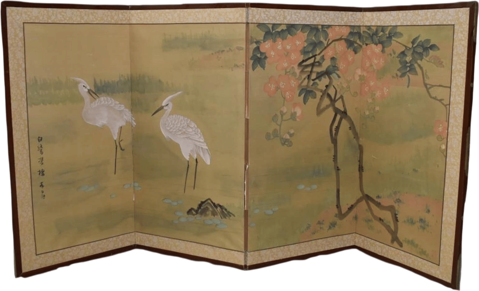 Vintage White Crane Folding Screen