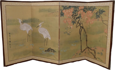 Vintage White Crane Folding Screen