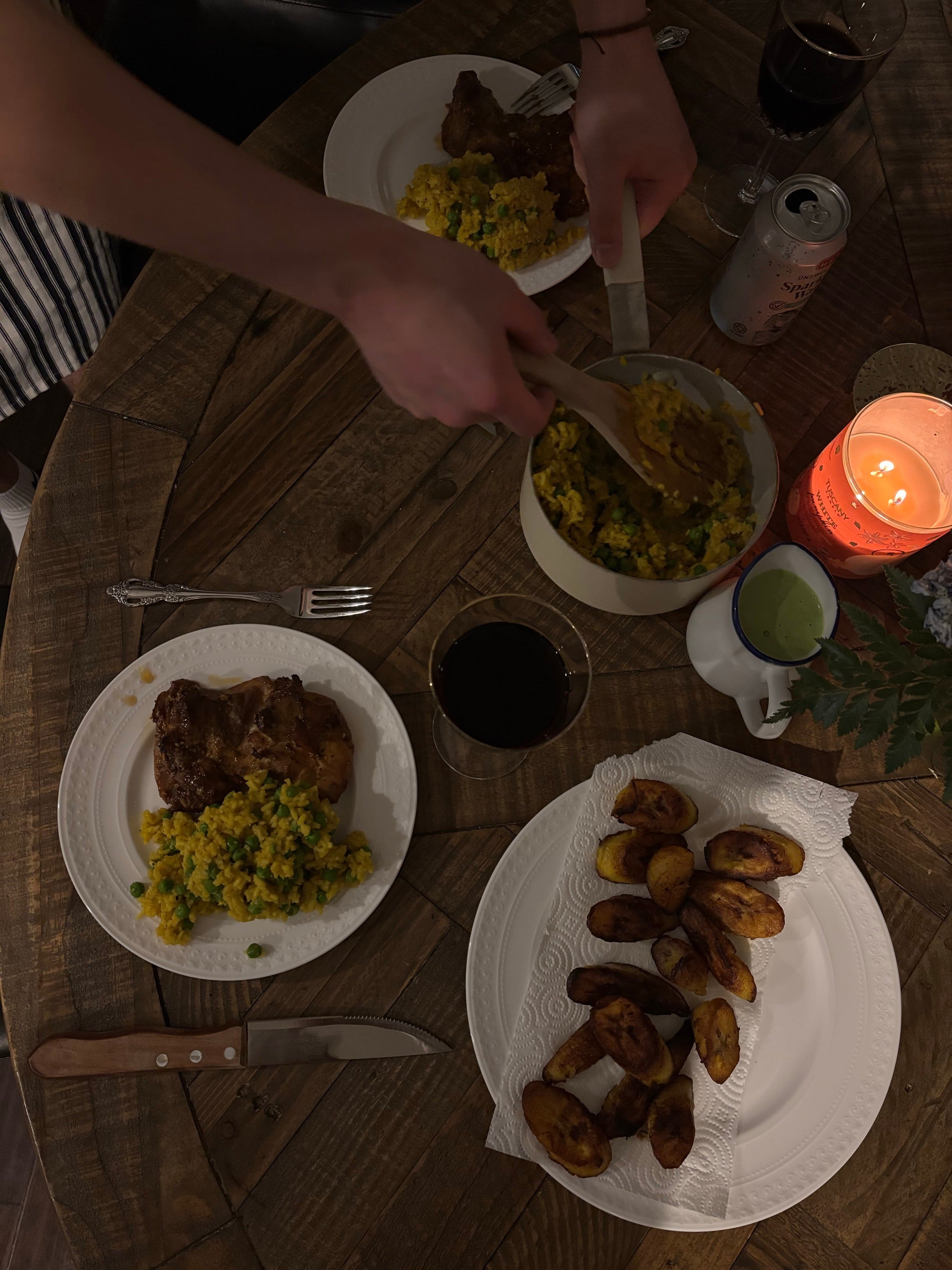 Peruvian chicken, rice, plantains and homemade sauce