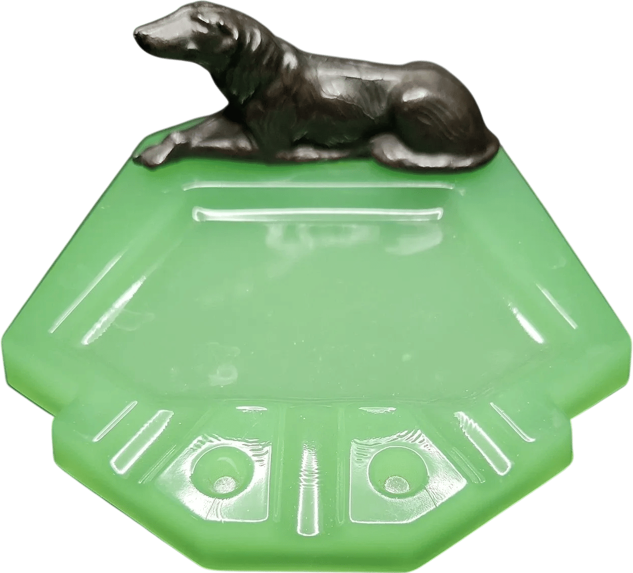 antique jadeite ashtray with bronze borzoi