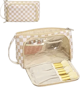 Checkered Makeup Bag Travel Cosmetic Toiletry Bag Make Up Bags with Makeup Brush Organizer Compartments for Women Girls