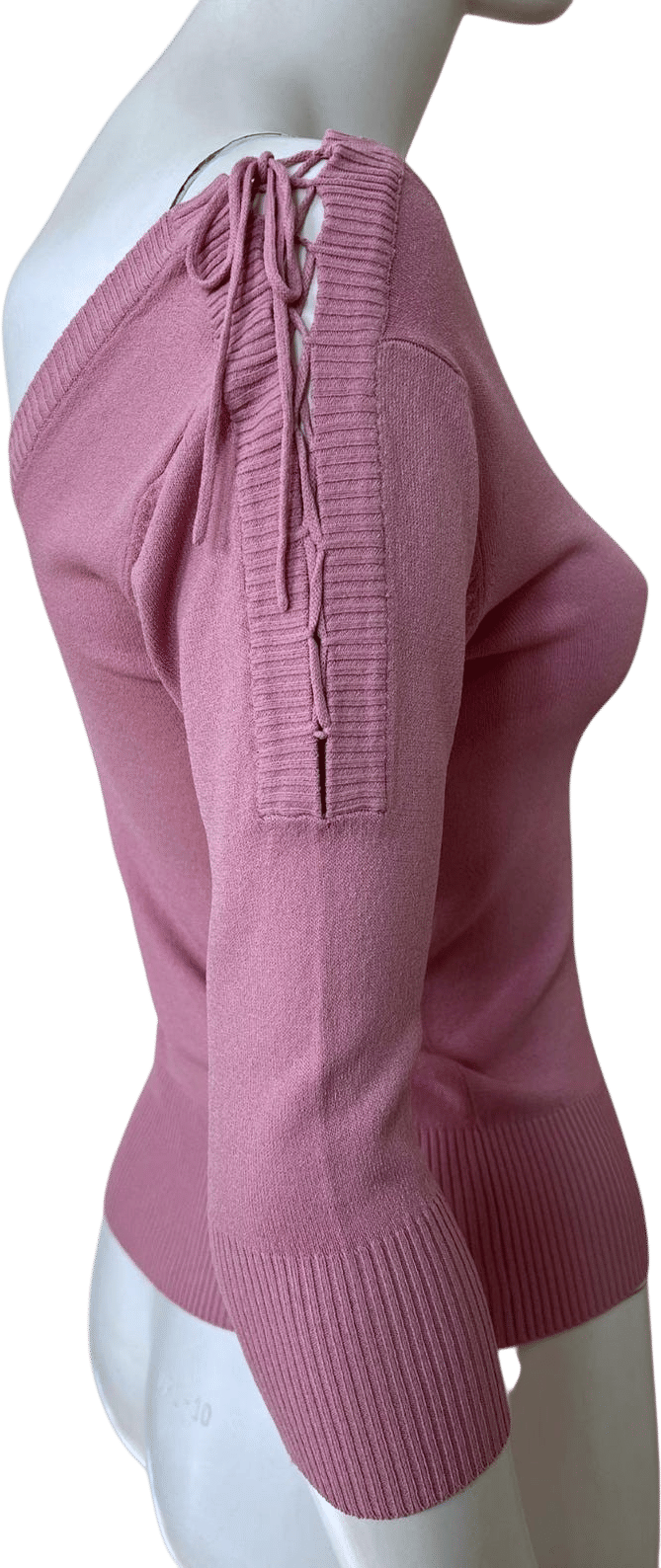 vintage y2k old pink off shoulder three quarter lace up sleeve top, V-neck front and back, size small-medium