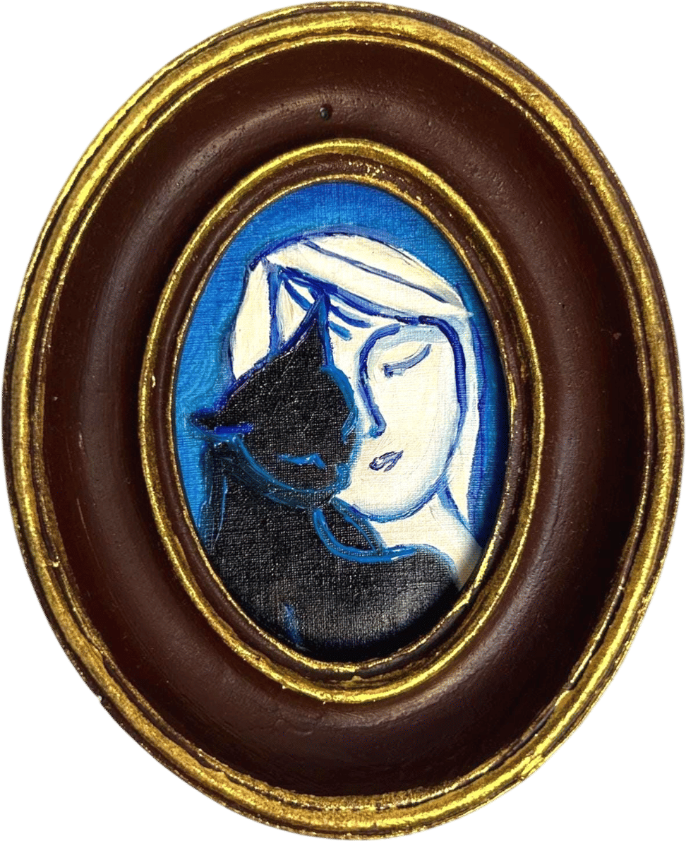 Mini Framed Cat & Woman Oil Painting