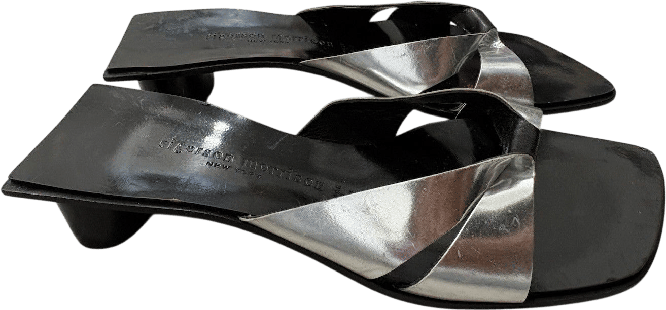 Sigerson Morrison Women’s Size 7 Silver Black Leather Mule Heels Made in Italy
