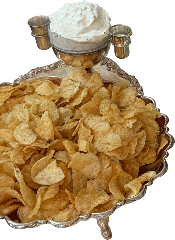 Chips in a vintage silver seashell bow + French Onion Dip 
