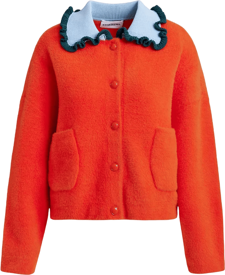Orange cardigan with contrasting light blue and dark green ruffle collar