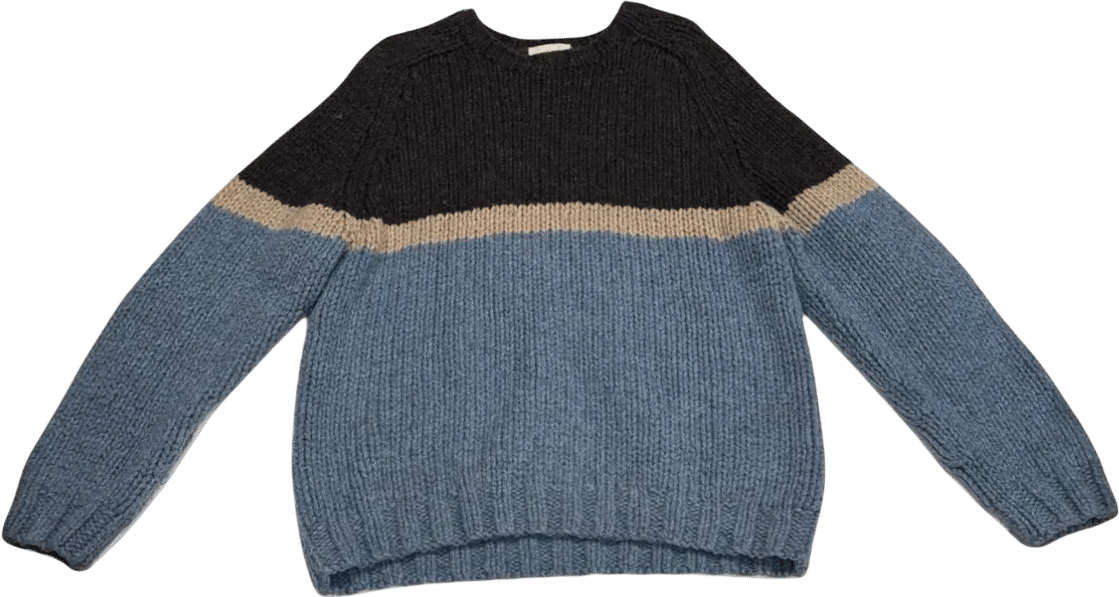Vintage J.Crew 90s Grey Blue Stripe Wool Hand Knit Chunky Sweater