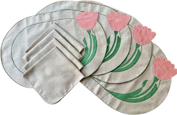 Vintage placemats set of four beige with napkins and pink tulips c. 1980s