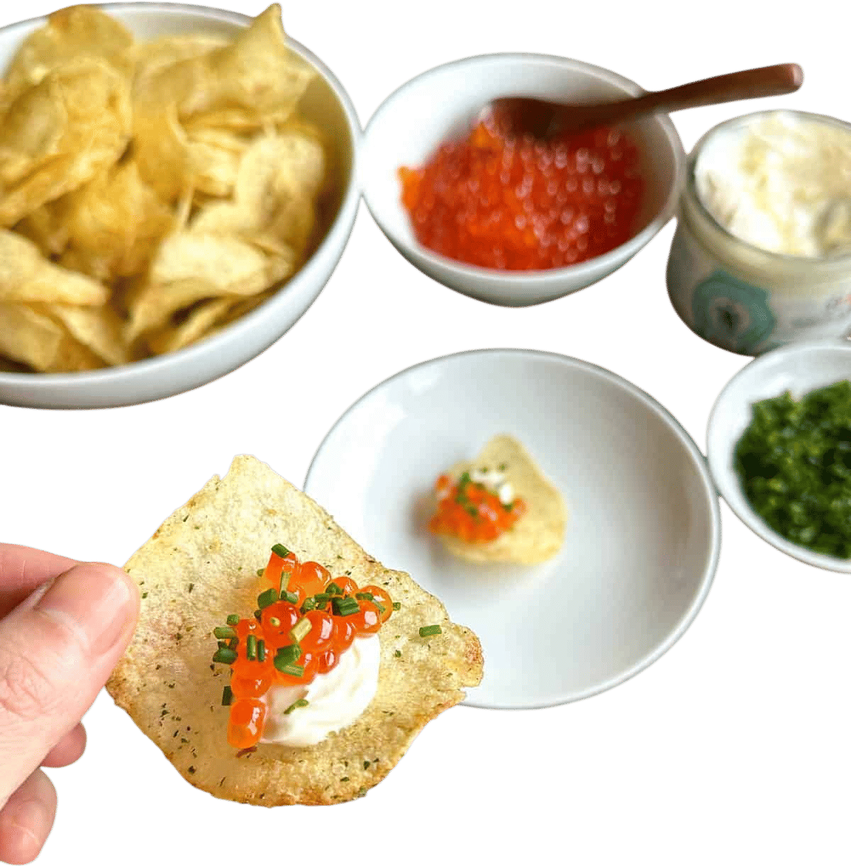 Potato chips, crème fraîche, and caviar or trout roe