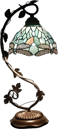 WERFACTORY Tiffany Lamp Sea Blue Stained Glass Dragonfly Style Desk Reading Light, Metal Leaf Table Lamp Base 8X10X21 Inches Decor Small Space Bedside Bedroom Home Office S147 Series