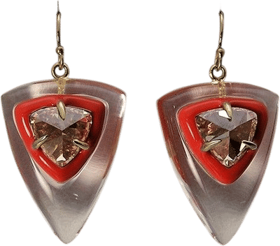 Modernist Triangular Clear & Pink Lucite Gemstone Earrings