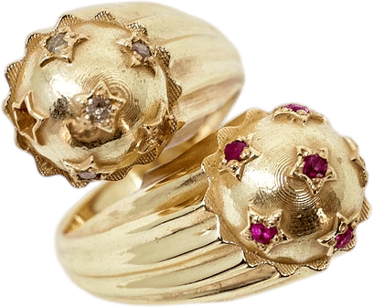 Gold Star Bypass Ring Ruby Diamond Spheres