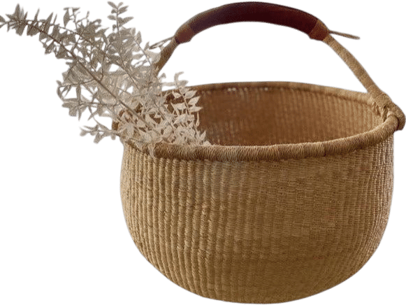 Large Natural Bolga Market Basket with Tan Leather Handle