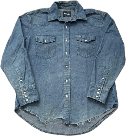 Vintage Wrangler Denim Shirt Mens L Blue Western Pearl Snap Distress