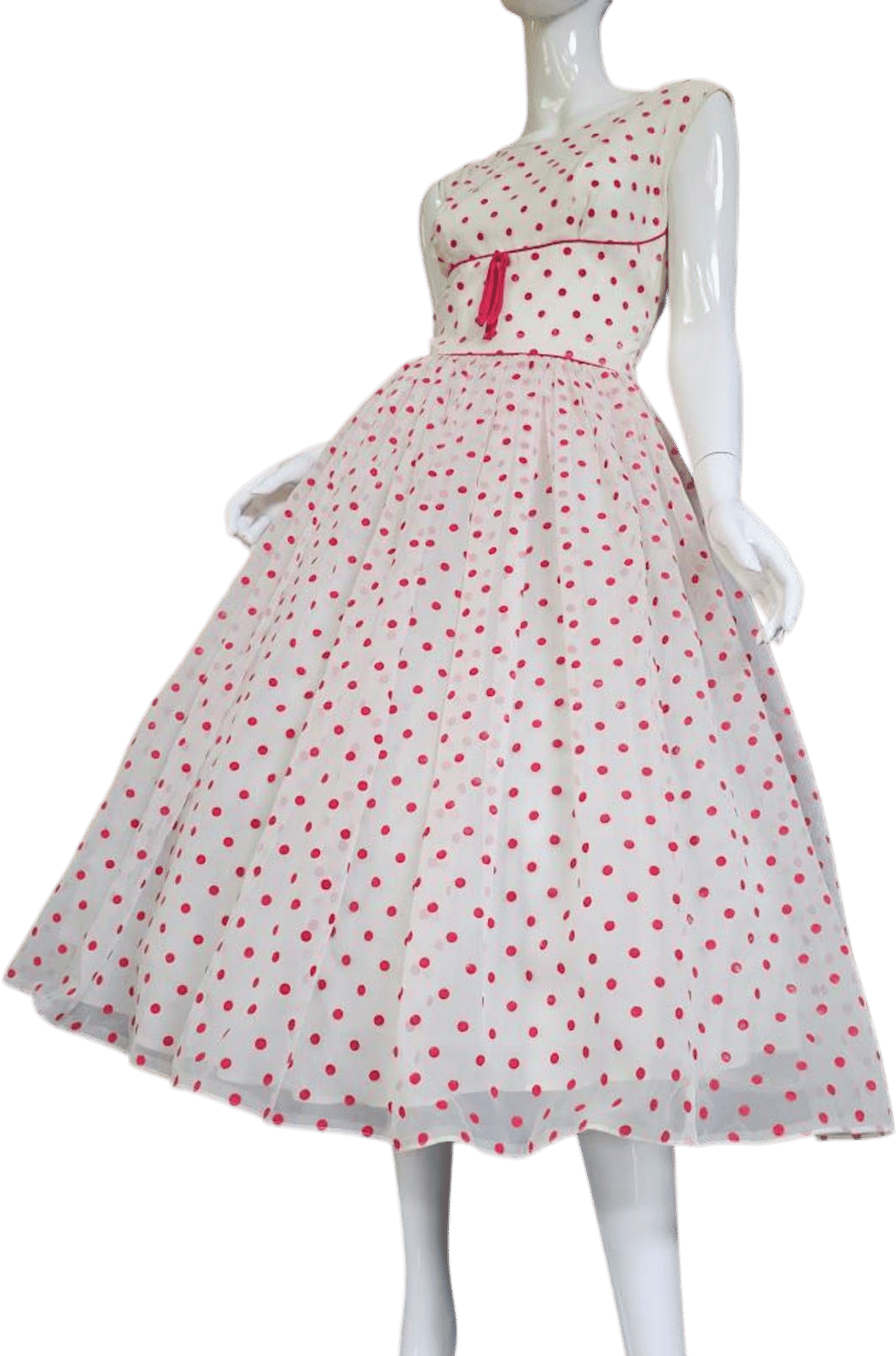 Vintage 50s Flocked Cherry Red Polka Dot Organza Shelf Bust Prom Wedding Dress S
