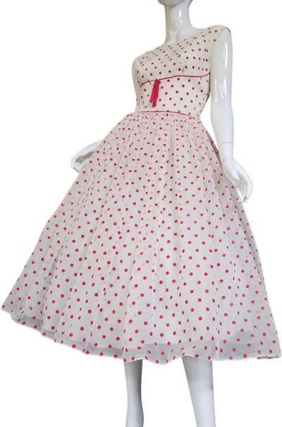 Vintage 1950s Flocked Red Polka Dot Organza Prom Dress