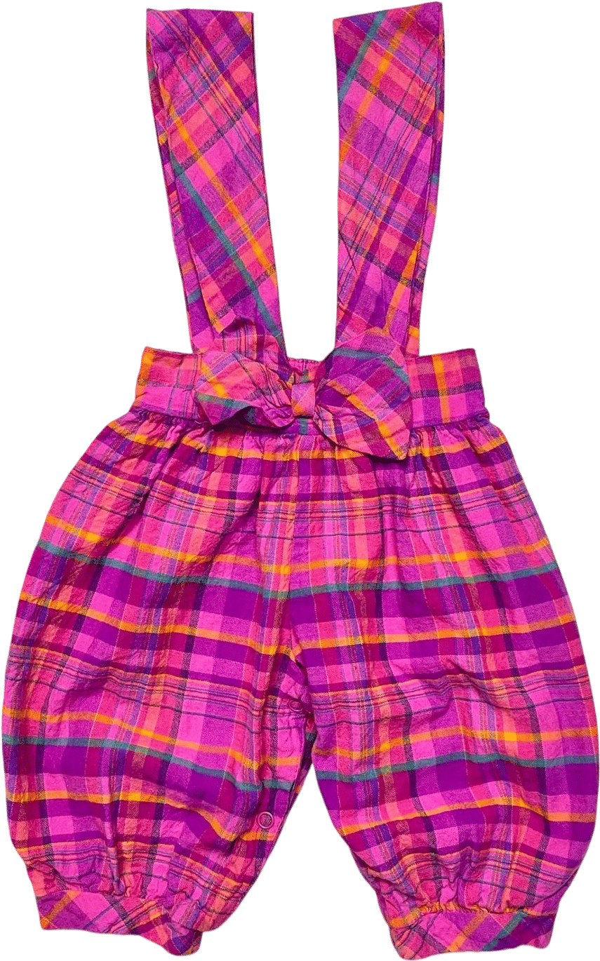 Vintage Pink Plaid Baby Romper with Ribbon Straps (12m)