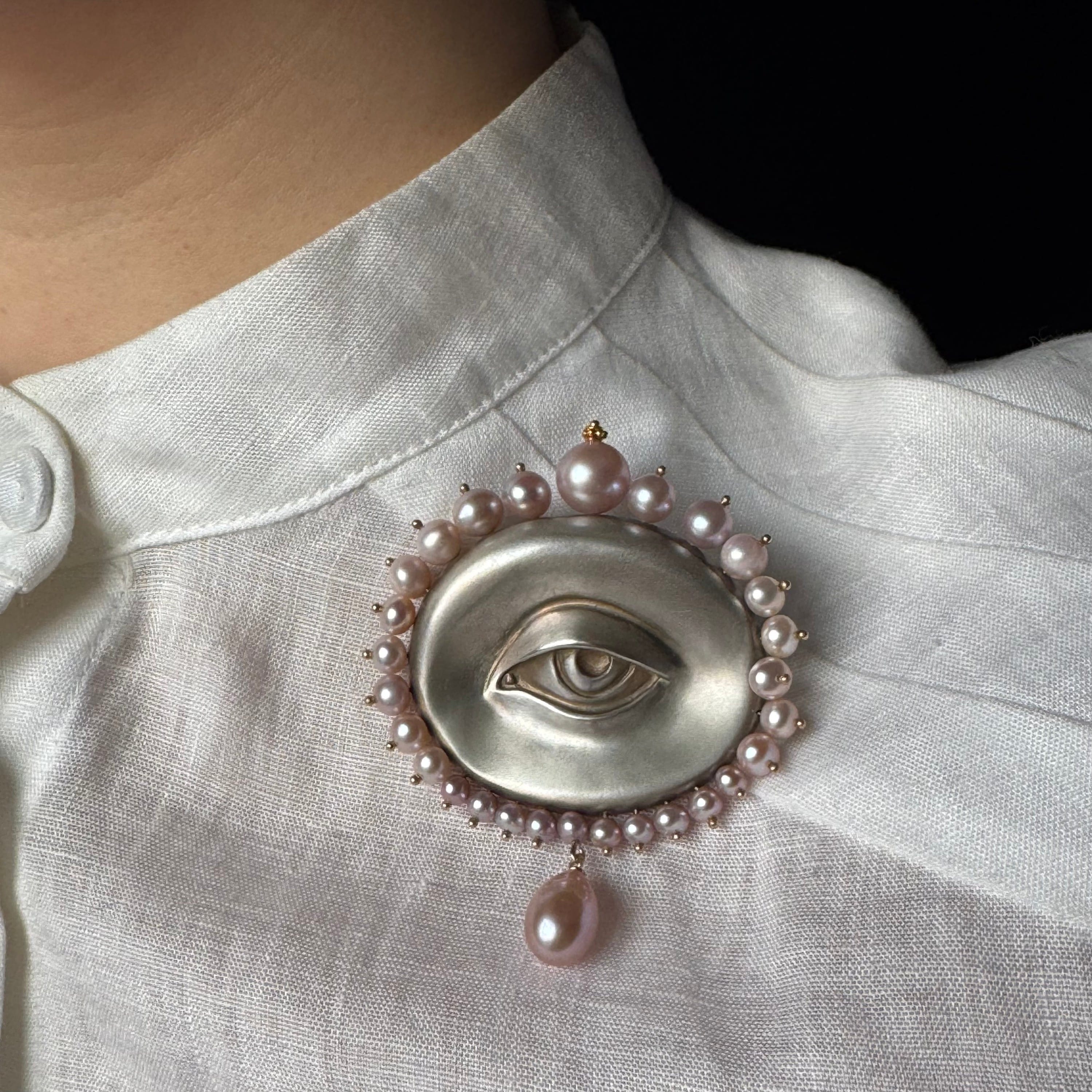 Gabriella Kiss Silver Large Eye Brooch with Pink Pearls