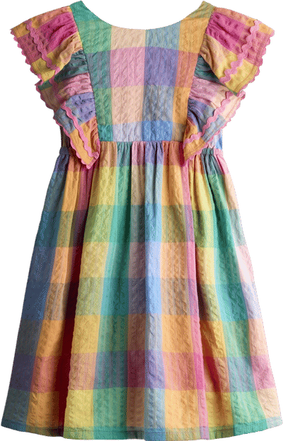 Pink Multi Gingham V-Back Frill Dress