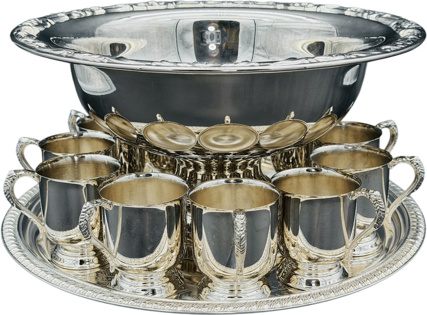 Vintage Silver PlatePunch Bowl with 12 Cups and a Serving Tray.