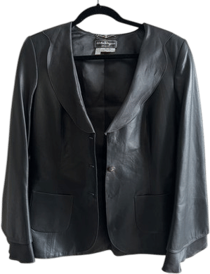 Vintage Salvatore Ferragamo Black Leather Blazer with Ruffle Cuffs