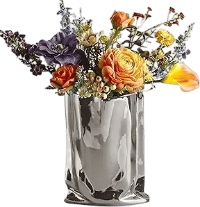 BLOFLO Silver Ceramic Modern Vase Crinkle Fold Paper Bag Handmade Ceramic Vase, Creative Flower Arrangement Ornaments, Decorative Vases for Home Decor, Mantel, Living Room Decoration (Silver)