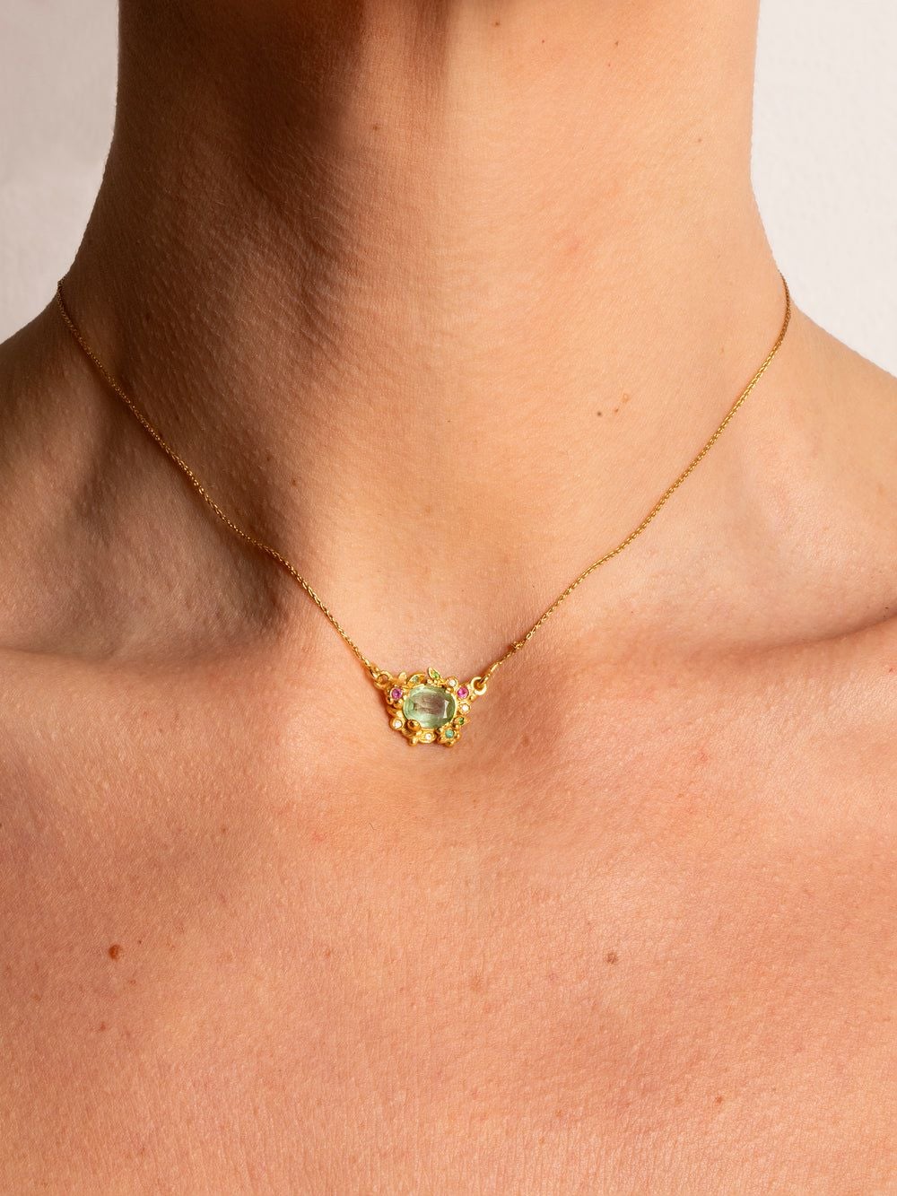 Gold Necklace with Green Gemstone and Pink Sapphires