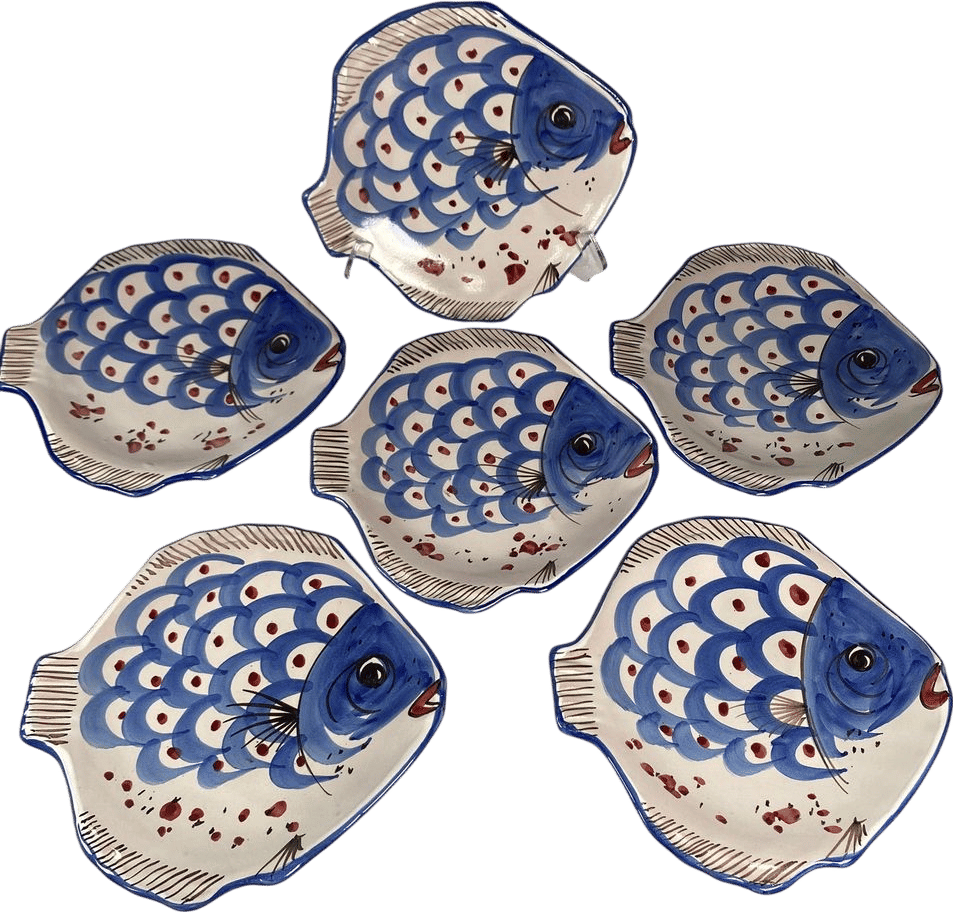 Set of 6 Vintage Italian Fish Plates – Hand-Painted Coastal Majolica Style
