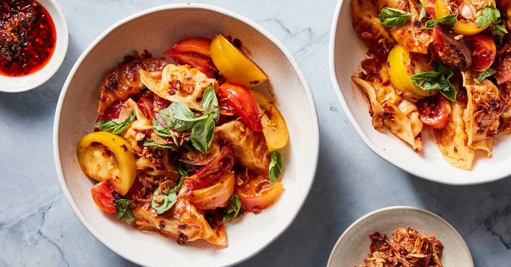 Dumpling Tomato Salad With Chile Crisp Vinaigrette Recipe