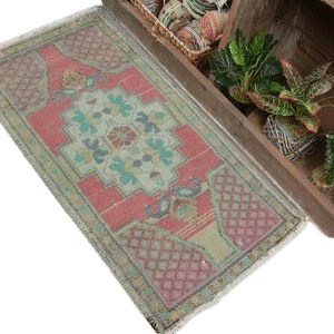 1.7x3.4 ft Small Rug, Vintage Rug, Turkish Rug, Muted Oushak Rug, Rugs For Entry, Red Wool Rug, Small Wool Rug, Outdoor Kitchen Rug, 13723