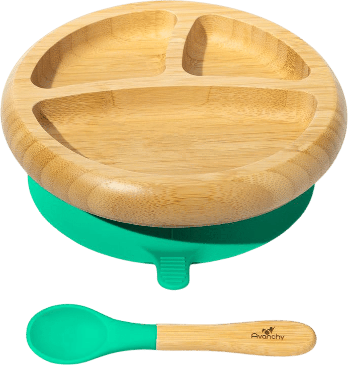 Avanchy Bamboo Suction Baby Plate + Spoon - Green | Grove Collaborative