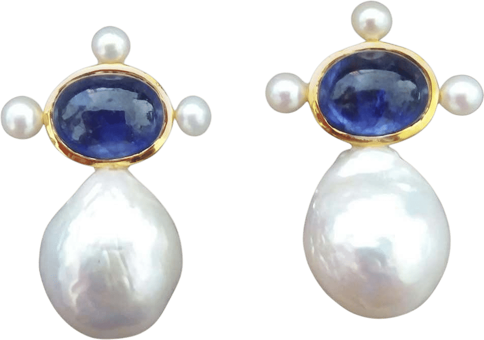 Oval Blue Sapphire Baroque Pearl Earrings