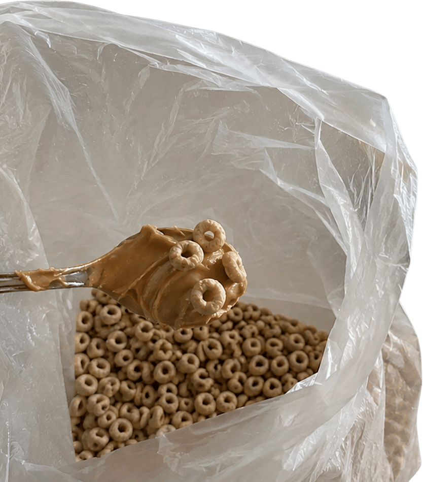 PB-covered spoon to wrangle cereal straight from the bag