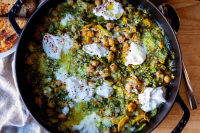 Braised Chickpeas with Zucchini and Pesto Recipe