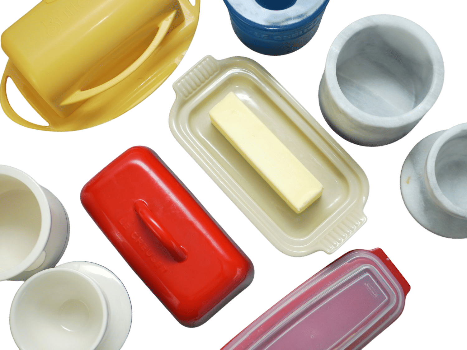 Softened butter in a butter keeper in the cupboard