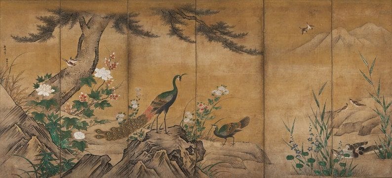 Peafowls in Asian Garden Peel and Stick Wallpaper