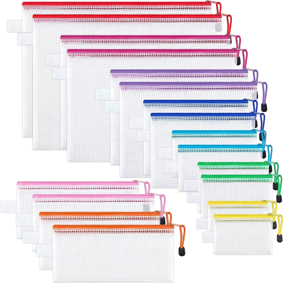 JARLINK 18 Pack 8 Sizes Mesh Pouch, 9 Colors, Waterproof Zipper File Bags Document Multipurpose Travel Bags for Office Supplies Cosmetics Travel Accessories